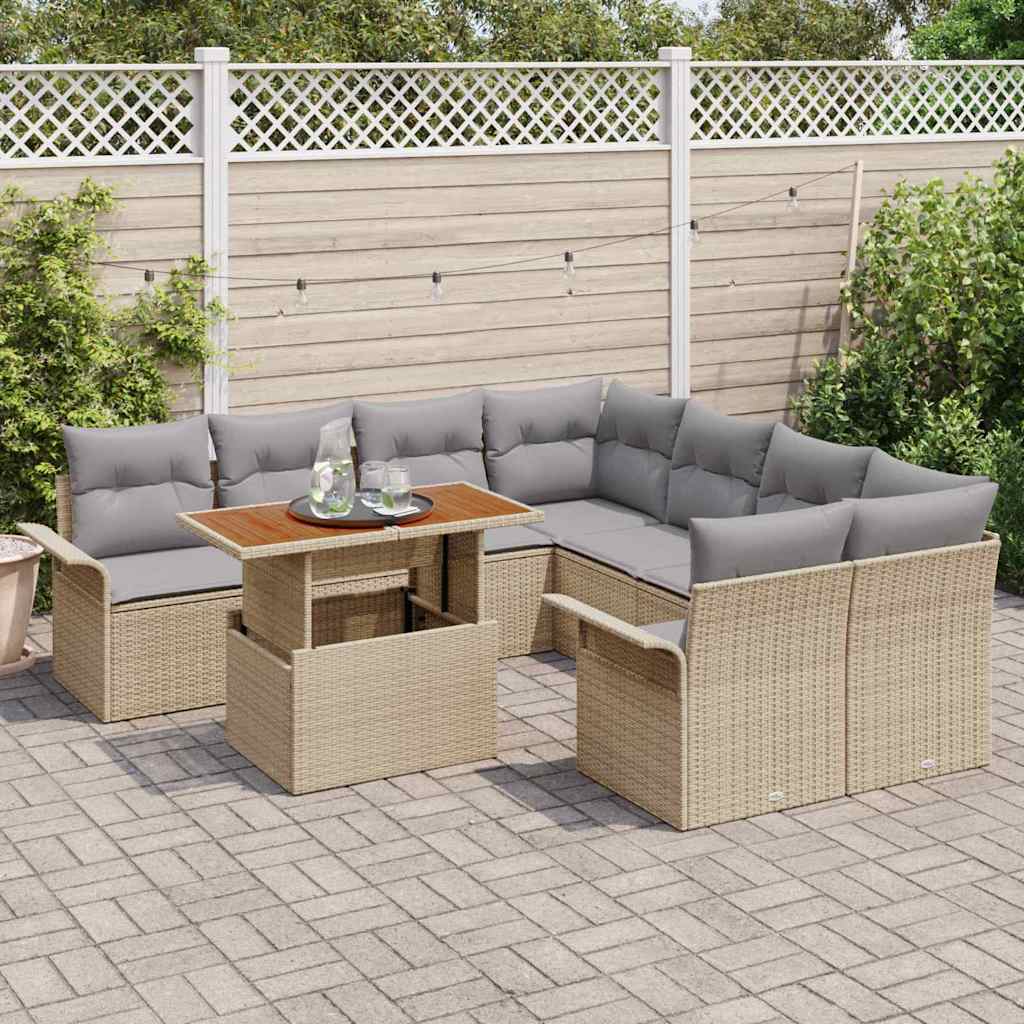 Garten-Sofa-Set mit Speicher 9 pcs Beige Poly Rattan